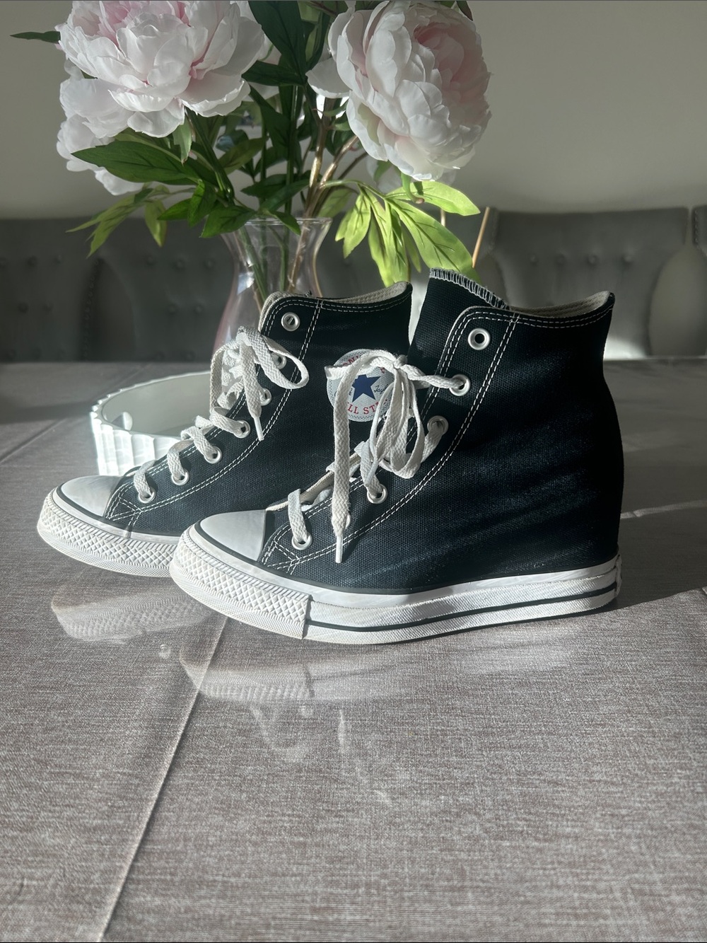 Converse Black High-Top Canvas Wedge Sneakers with White Trim